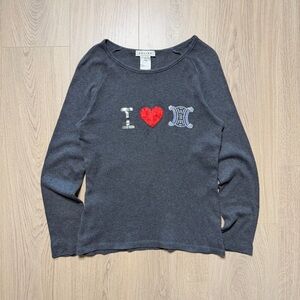 I Love Celine Cotton Sequin Long Sleeve Top Womens Large Dark Gray Red France